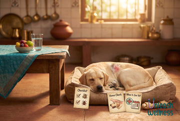 Labrador sleeping on a dog bed with a patch of red, irritated skin on its side, next to home-check and when-to-see-a-vet cards