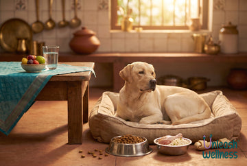 Labrador sitting beside a full food bowl on a terracotta floor in an Indian home, showing no interest in the meal