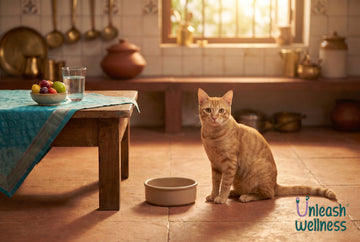 Healthy alert ginger cat sitting beside a plain ceramic food bowl in a sunlit Indian kitchen