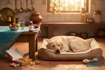 Labrador asleep on a dog bed in an Indian kitchen during Diwali, with a lit diya and an open box of festive sweets on the floor nearby