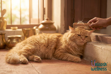 Long-haired ginger cat being gently combed in an Indian home, loose fur visible on the grooming comb