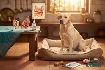 Labrador sitting on a dog bed in an Indian home beside ear anatomy models and an ear-wash bottle