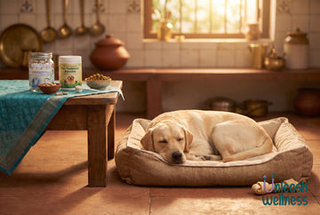 Labrador resting on a dog bed in an Indian kitchen beside a table holding a human probiotic jar and a pet probiotic powder
