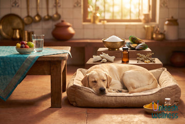 Labrador asleep on a dog bed in a sunlit Indian kitchen, beside green-lipped mussel shells, a brass bowl of white powder, an amber bottle, dried roots and a bowl of turmeric