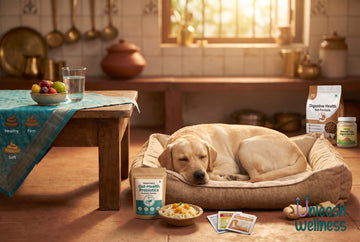 Labrador resting on a dog bed beside a bowl of plain rice and a stool chart showing healthy, firm and soft stools