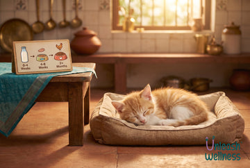Ginger kitten resting beside a kitten feeding-stage chart in an Indian kitchen