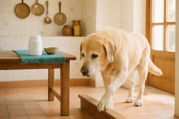 Older Labrador with a greying muzzle carefully stepping up onto a low wooden step in a bright Indian kitchen
