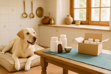 Labrador lying on a dog bed in a bright Indian kitchen beside a table holding unlabelled supplement bottles and an open cardboard box of more bottles