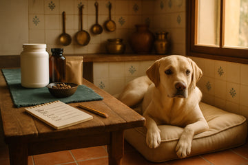 Labrador lying on a dog bed in a warm Indian kitchen beside a wooden table holding unlabelled supplement containers, a bowl of kibble and a notepad checklist