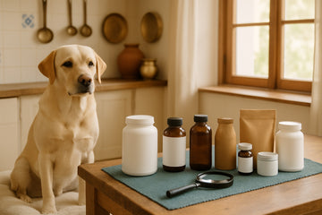 Labrador sitting by a wooden table in a bright Indian kitchen, where a row of unlabelled supplement jars, bottles and a pouch sit beside a magnifying glass