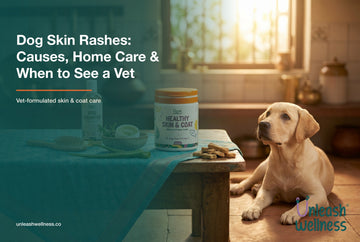 Healthy Labrador beside an Unleash Wellness skin and coat supplement in a sunlit Indian kitchen: dog skin rashes causes, home care and when to see a vet