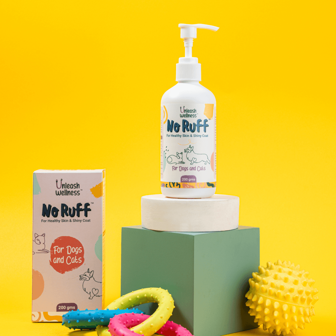 Unleash Wellness No Ruff dog supplement for healthy skin & shiny coat, a pet wellness product with 200g pump bottle and packaging.