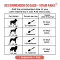 VITAM PAWS® dog multivitamin dosage chart by Unleash Wellness shows daily scoop amounts for canine vitamins based on pet weight.