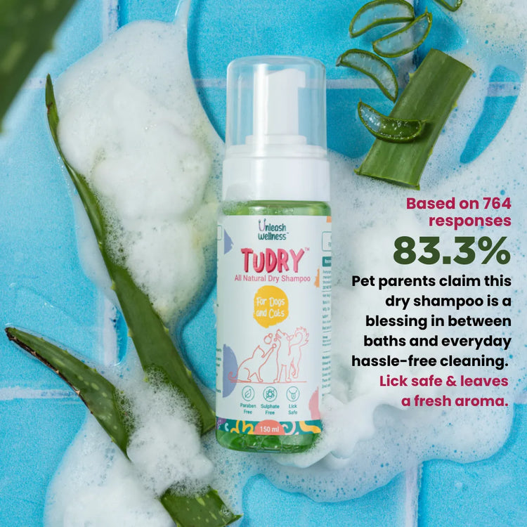 Unleash Wellness TuDRY® all-natural dry shampoo for dogs and cats, paraben-free, lick safe, and great for pet wellness between baths.