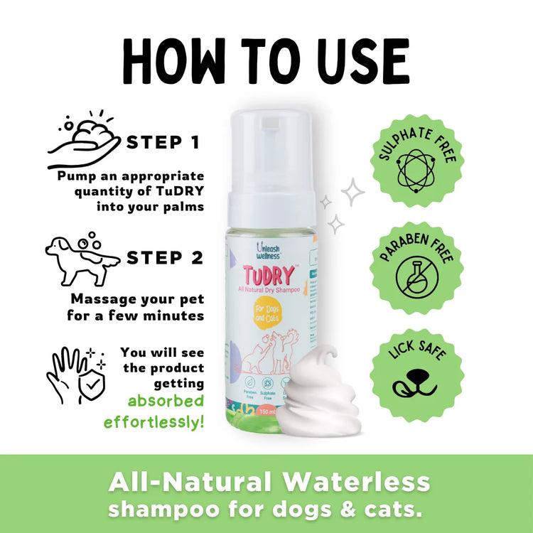 TuDRY® all-natural dry shampoo by Unleash Wellness – sulfate & paraben free, lick-safe pet wellness product for dog health.
