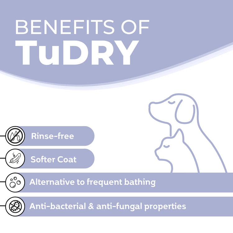 TuDRY® natural dry shampoo for dog health product by Unleash Wellness, rinse-free, softer coat, anti-bacterial pet wellness solution