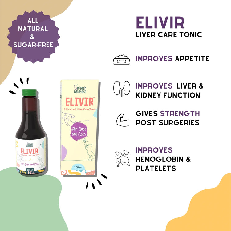 Unleash Wellness ELIVIR liver tonic bottle and box — all-natural dog supplement for pet wellness, improves appetite and liver function.
