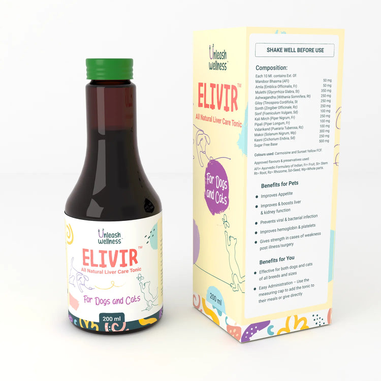 Unleash Wellness ELIVIR natural liver tonic for dogs and cats, boosting pet wellness with herbal ingredients in 200ml bottle.
