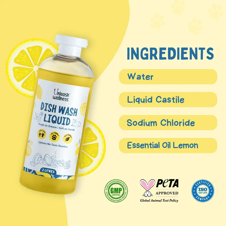 Unleash Wellness pet-safe dish wash liquid with lemon essential oil, promoting dog health and pet wellness for safe, non-toxic cleaning.