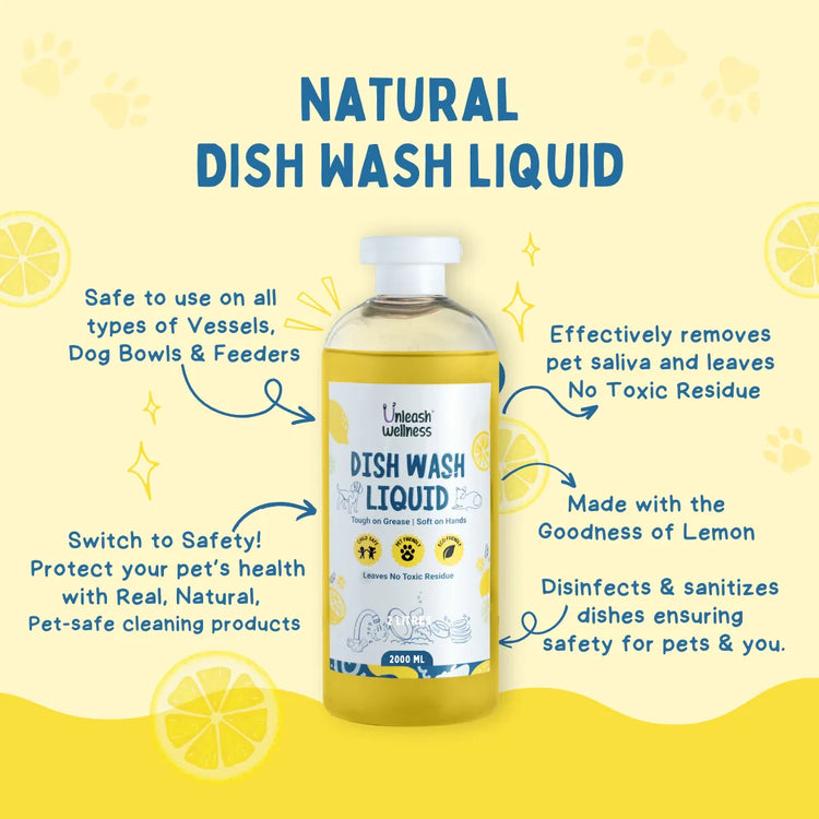 Unleash Wellness pet-safe dish wash liquid in lime scent, 2L bottle — natural, toxic-free cleaning for dog bowls & feeders, supports pet wellness.