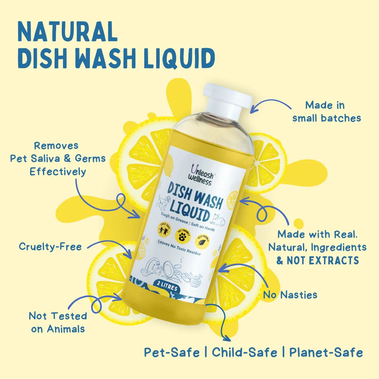 Unleash Wellness pet-safe dish wash liquid in lime scent, natural ingredients for dog health product and home wellness, cruelty-free and eco-friendly.