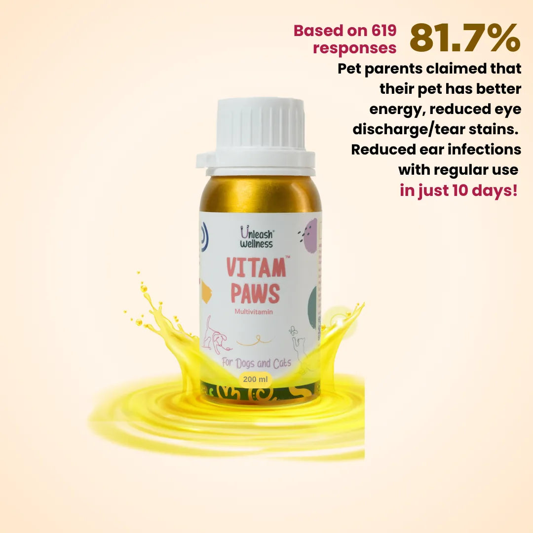 Unleash Wellness VITAM PAWS dog multivitamin bottle boosts canine energy and eye health with daily dog health supplement formula.